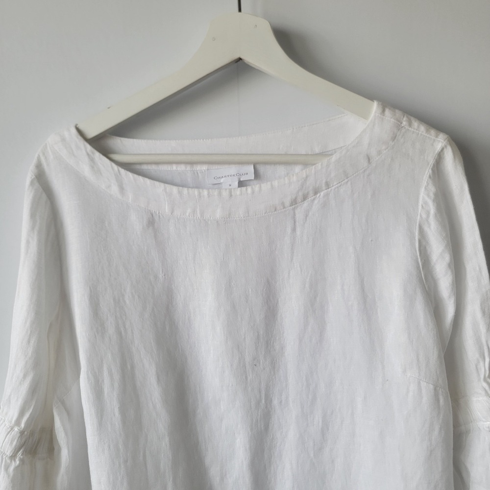Charter Club women's 100% Linen Bell-Sleeve tie Top M beachy natural coastal - Picture 3 of 7